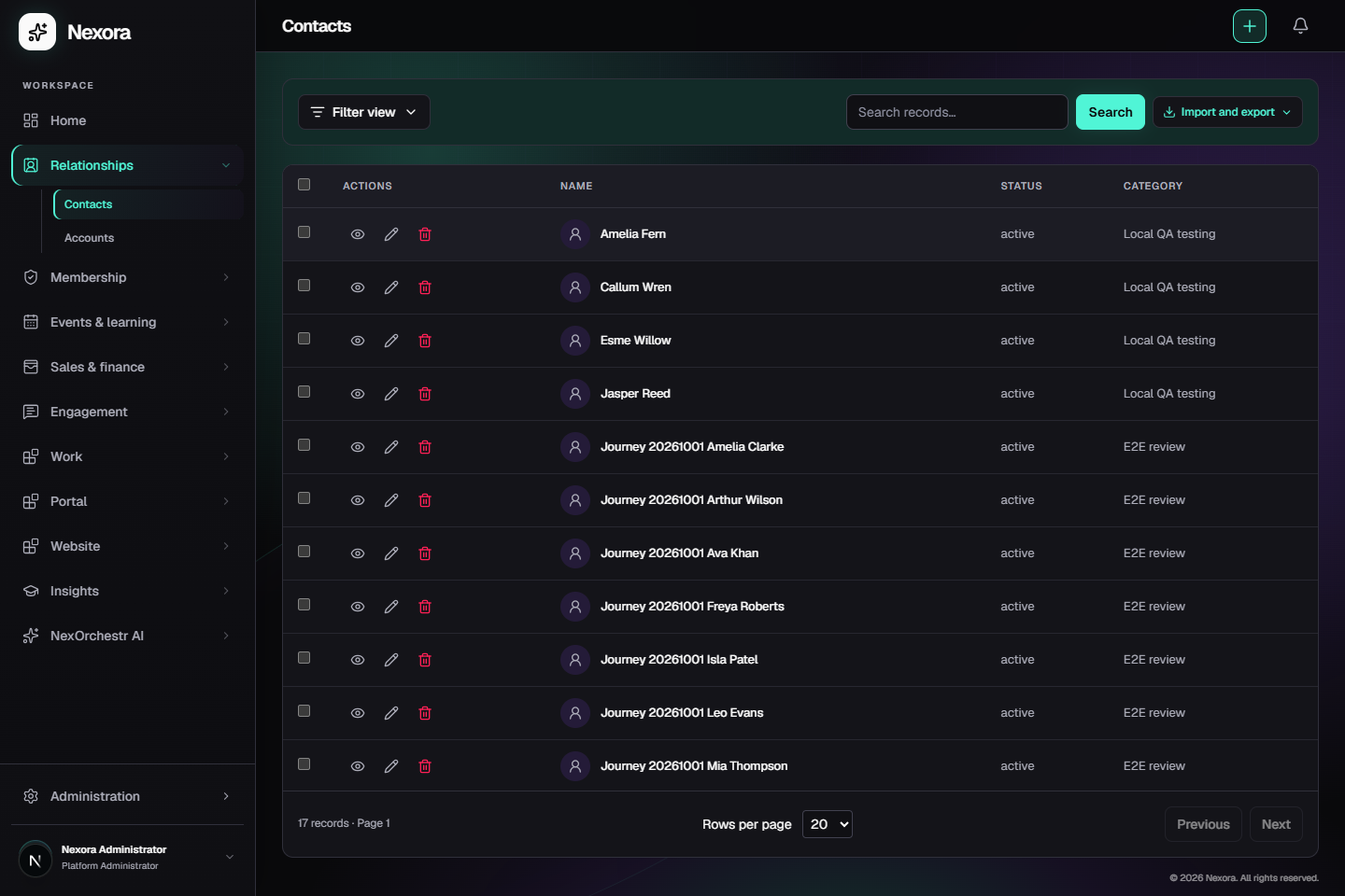 Nexora’s contact workspace showing named local QA and E2E demonstration records